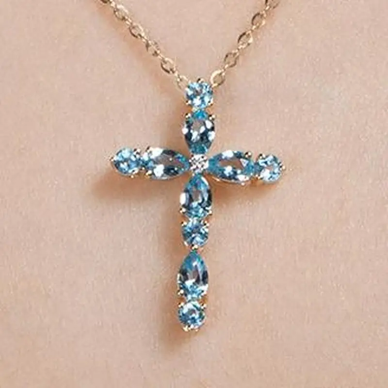 

Everoyal Trendy Female 925 Sterling Silver Neckalce For Women Accessories Fashion Crystal Blue Cross Pendant Necklace Girls Bijo