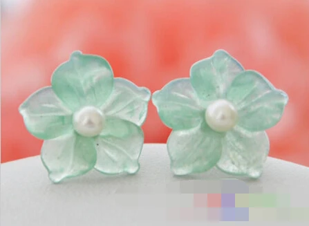 

free shipping 00399 green jade flower pearl stud earring