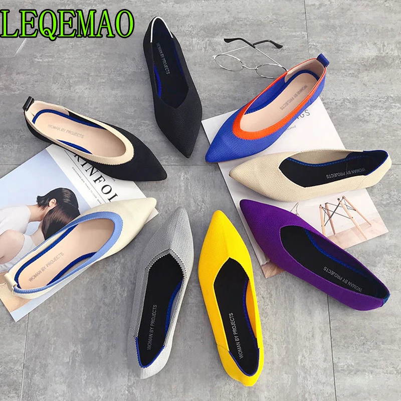 

Womens Stretch knitted mixed color moccasins breathable cozy work shoes brief slip-on fashion ladies flats light driving loafers