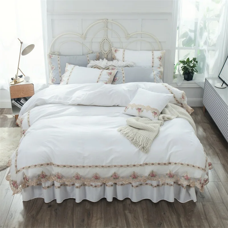 cheap White Flowers Embroidered bedding sets luxury bed skirt pillowcases cotton 4pcs Solid Princess duvet cover set queen king size