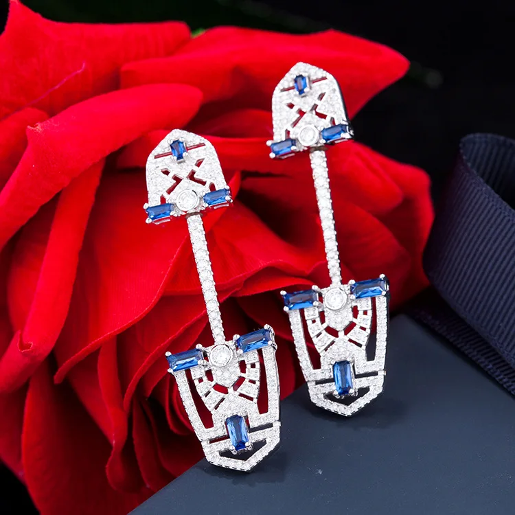 

France Fashion Jewelry Brand Design 925 Sterling Silver Shield Shape Earrings For Women Luxury AAAA Zircon Crystal Long Earrings