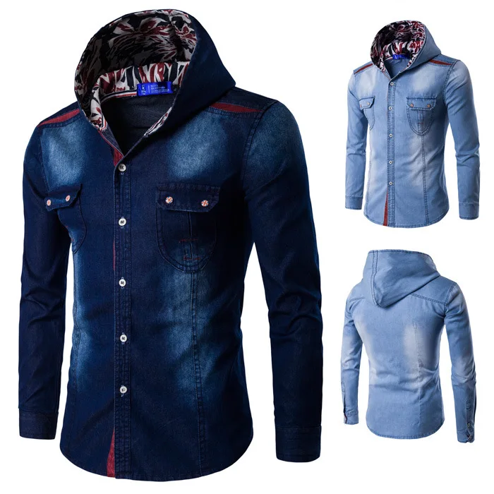 Men's Cotton Hooded Denim Shirts 2017 