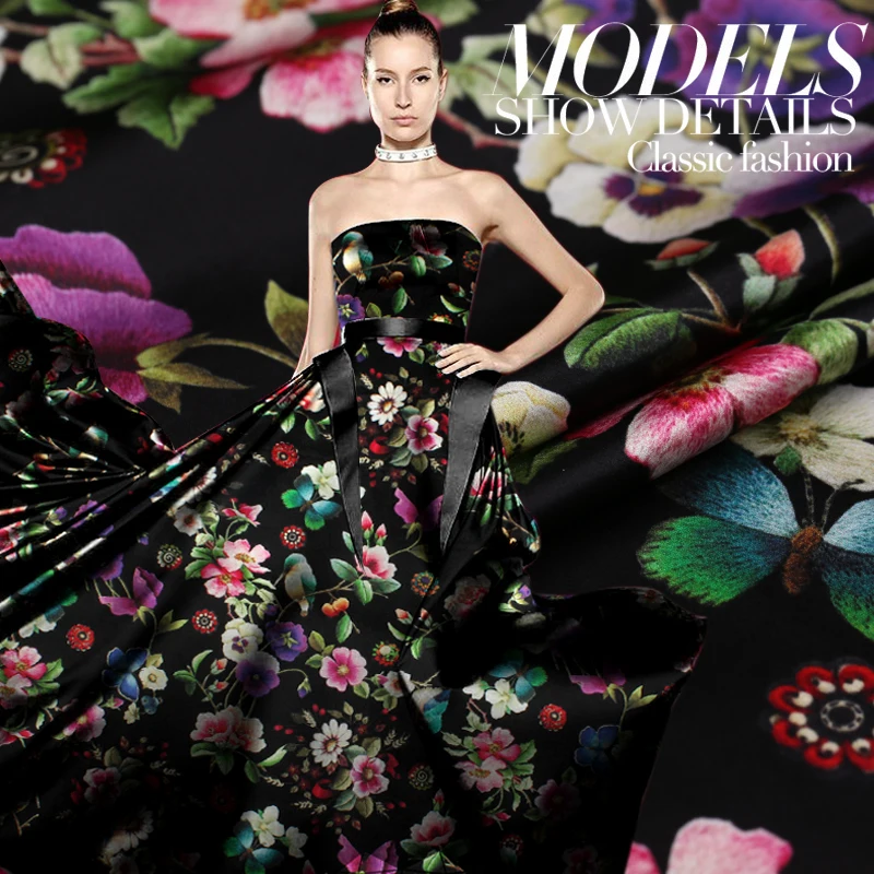 

Limited hot sale fashion Colorful digital painting mulberry silk stretch satin fabric for dress tissu au meter bright cloth DIY