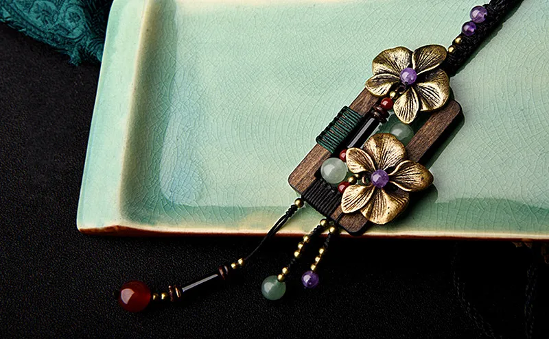 Yanting Bronze Flower Long Necklace Square Wood Vintage Necklace Aventurine Amethyst Ethnic Handmade Sweater Necklaces For Women 039 (14)