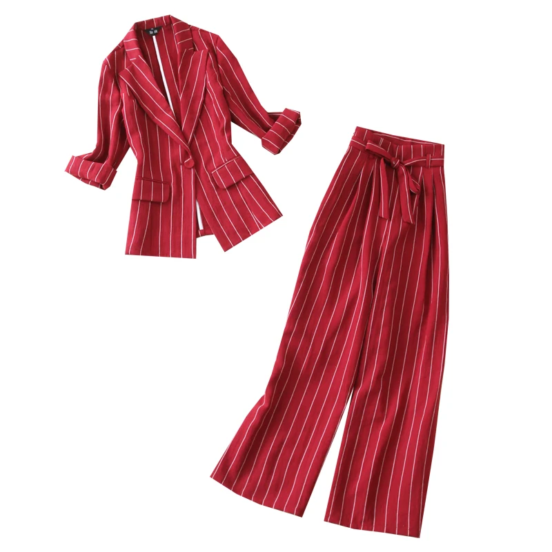 

2 piece set women spring and summer newred and white strips 7points sleeve small suit+wide leg trousers imitation hemp two-piece