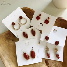 AOMU корейские винтажные золотые металлические шикарные стильные красные квадратные геометрические овальные акриловые маленькие серьги для женщин подарок для девушек