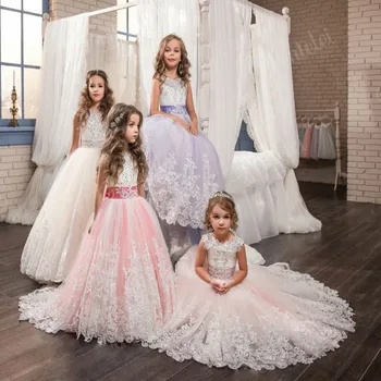 

FeiYanSha Flower Girl Dresses With Bow Beaded Crystal Lace Up Applique Ball Gown First Communion Dress for Girls Customized Vest