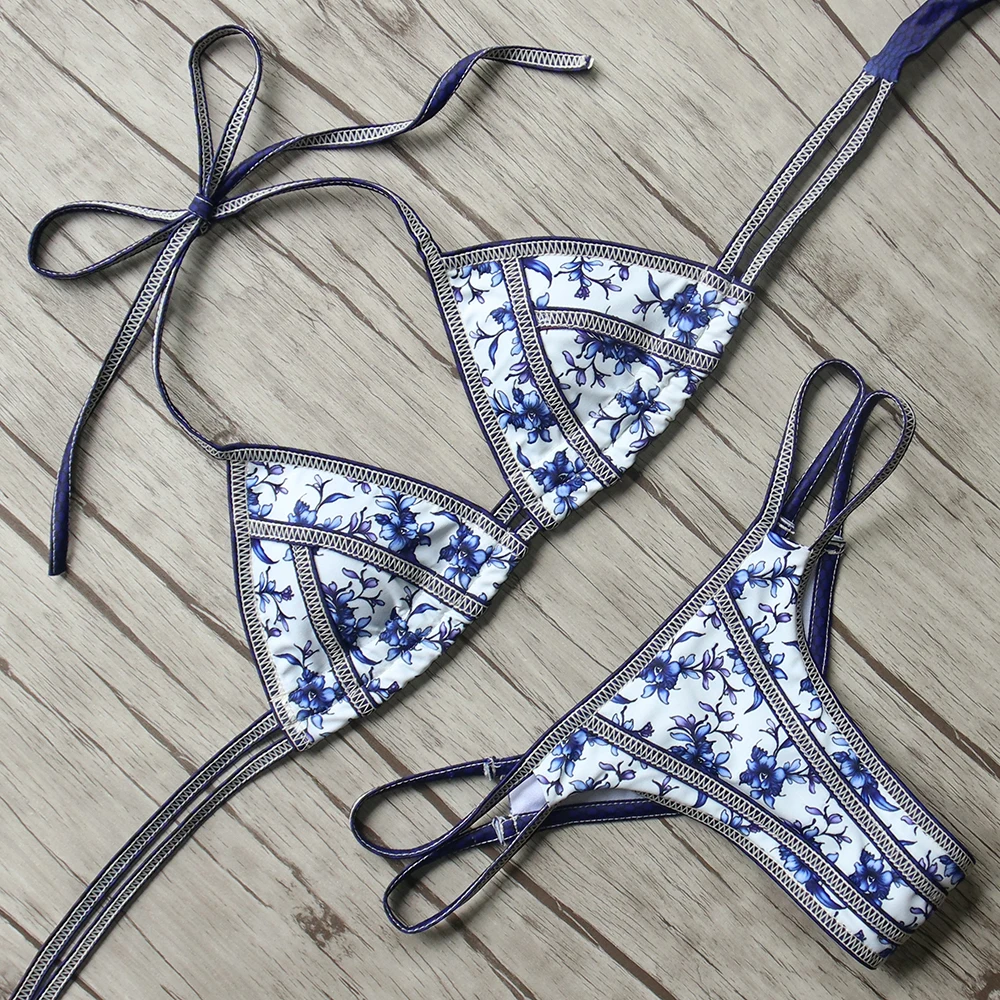 

sexy push up swimsuit women printed bikini set halter bandage bikinis women thong bathing suit low waist swimming suit swim wear