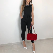 2019 Summer Women's Fashion Elegant Black Sleeveless Slim Fit Romper Ladies Contrast Binding Tie Waist Casual Slinky Jumpsuit rainbow patch contrast binding halter romper