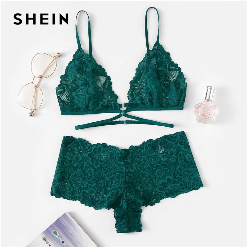  SHEIN Green Sexy Floral Lace Lingerie Set Women Summer Back Closure Wireless Bra and Briefs Solid U