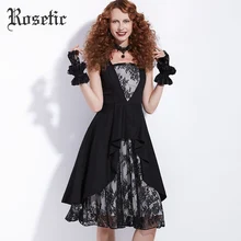 Rosetic Gothic Dress Vintage Lace Print Patchwork Women A-Line Dress Black Party Prom Retro Summer Dark Asymmetrical Goth Dress