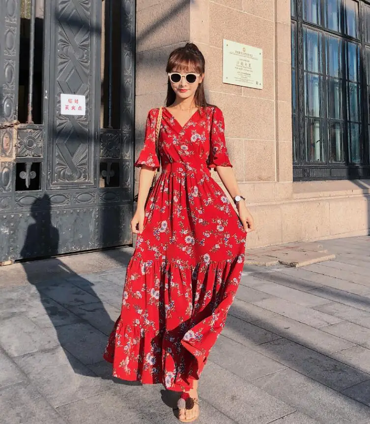 

2019 Free shiping New style V Neck temperament chiffon dress with broken flowers a lazy chic beach Women Dress