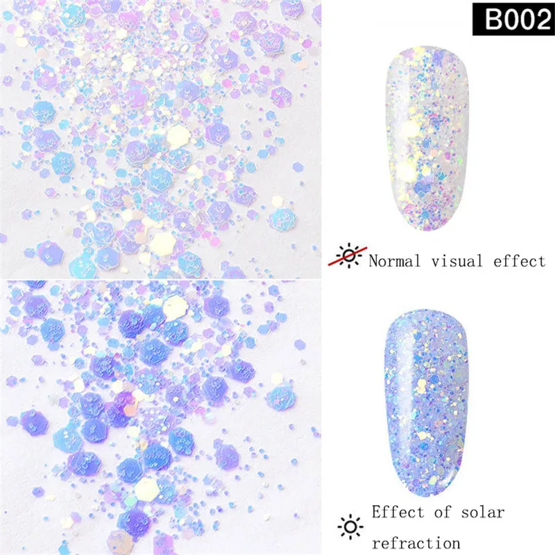 6 цветов, 1 коробка, блестящий порошок, пыль, дизайн ногтей, блестки, 3D Радуга, прозрачный шестигранный ломтик, сделай сам, шарм, дизайн ногтей, Декор, маникюр - Цвет: B-002