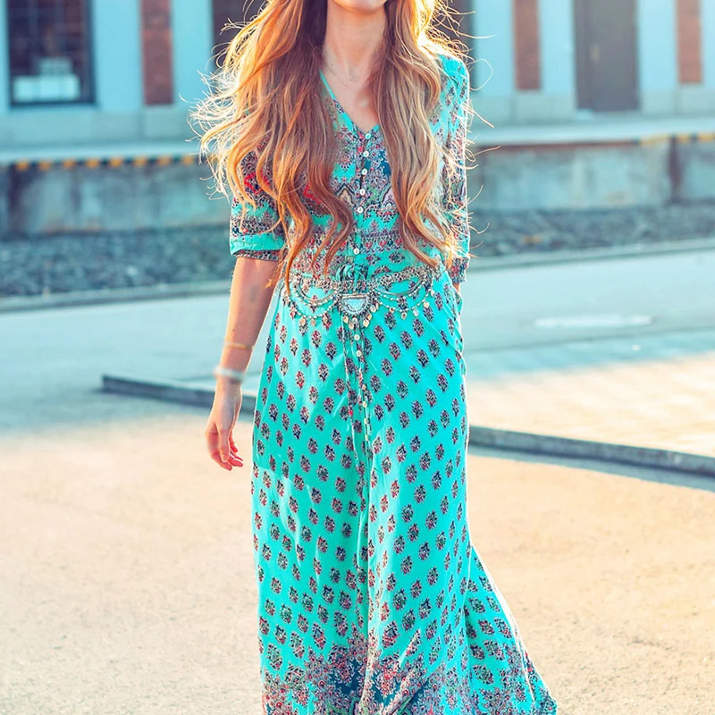 

2019 Summer SCHMICKER Women Sexy High Split Beach Party Dress Casual Vintage V Neck 3/4 Sleeve Floral Printed Long Vestido