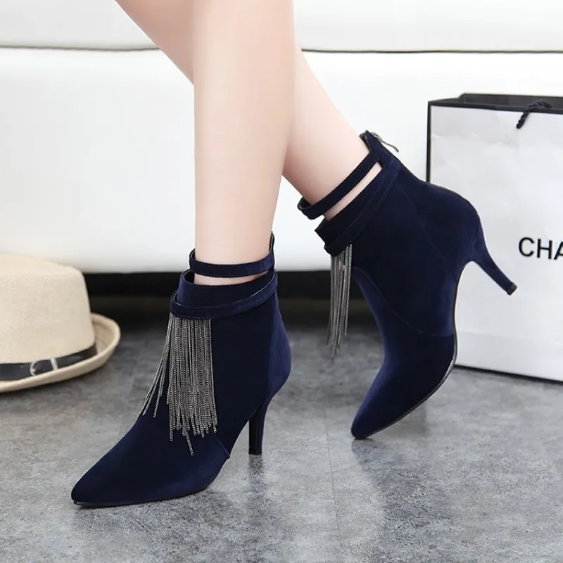 

US4-11 Womens Pointed Toe Flock Ankle Boots Tassels Chain Stilettos High Heel Zipper Shoes Plus Size 3Colors A885