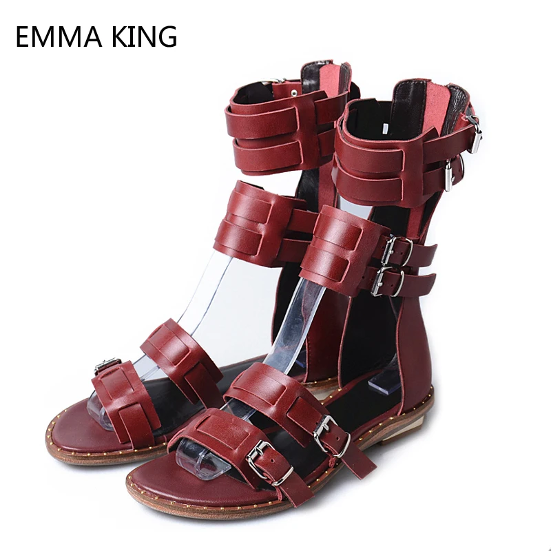 

Women Summer Boots Belt Buckles Ladies Shoes Gladiator Flat Vintage Sandals Open Toe Studs Mental Decorated Yellow Bota Feminina