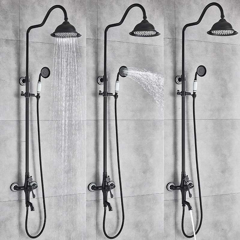 quyanre wanfan bronze black shower faucet set with creamic decoration rainfall shower head with swivel tub spout 3 way mixer tap bathroom shower faucet kit4