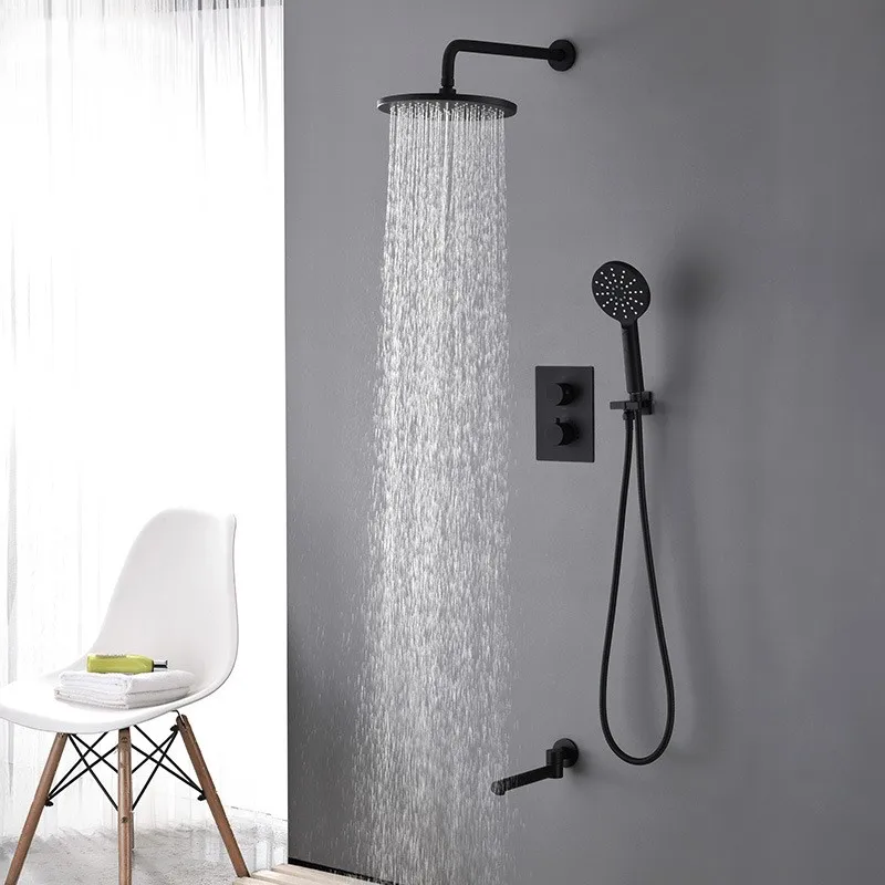 Juego De Grifo De Ducha Para Baño, 4 Funciones, Termostato De Ducha, Gris, Negro