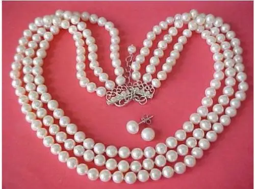 

Hot selling free shipping*****triple strands natural 8-9mm SOUTH SEA White Pearl Necklace earrings