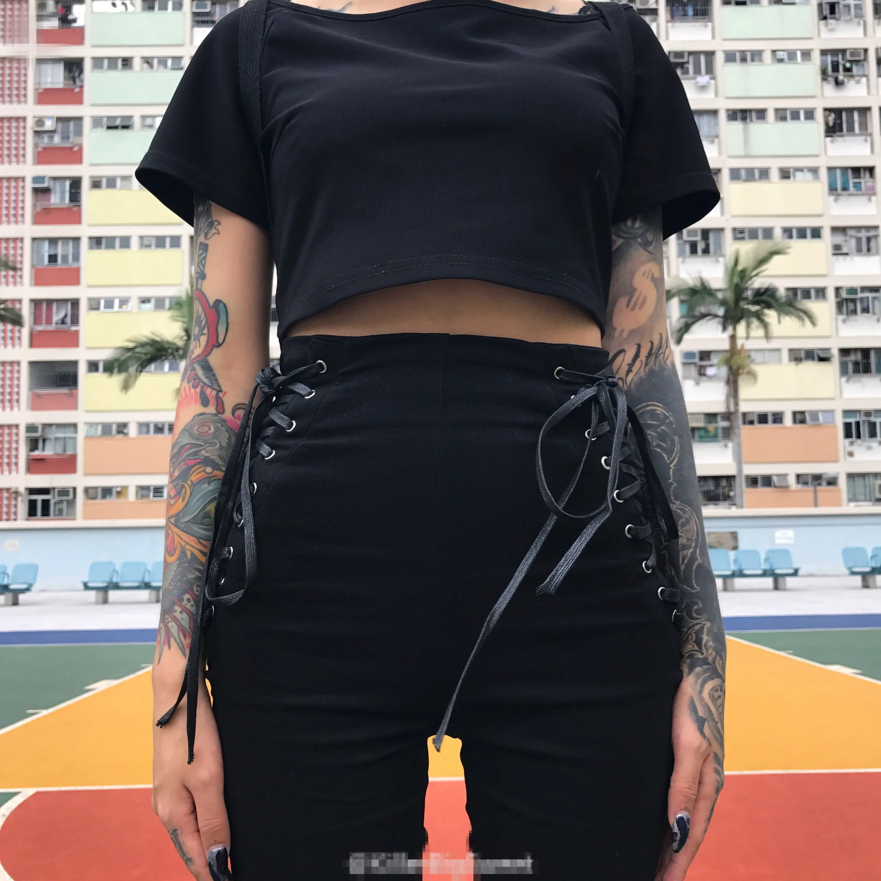 Cheap Punk Harajuku High Waist Side Straps Bow Drawstring Pencil Pants Stretch Women Black Pants