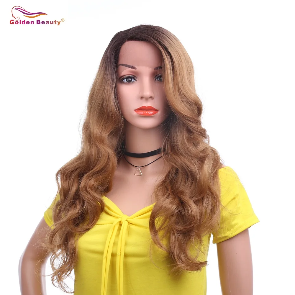 

L Part Lace Front Wigs for Women Body Wave Synthetic Wig Medium Length Wavy Wigs with Side Deep Parting Brwon 613 Golden Beauty