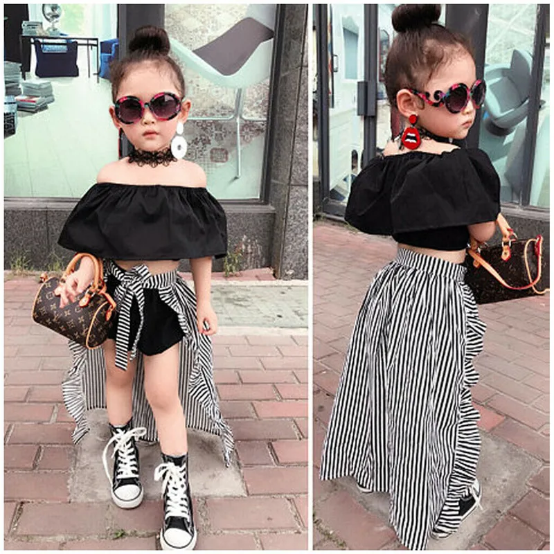 

2019 New 3Pcs Fashion Newborn Toddler Kid Baby Girl Off Shoulder Crop Top Shirt Striped Pant Dress Outfit Clothes 2-7Years