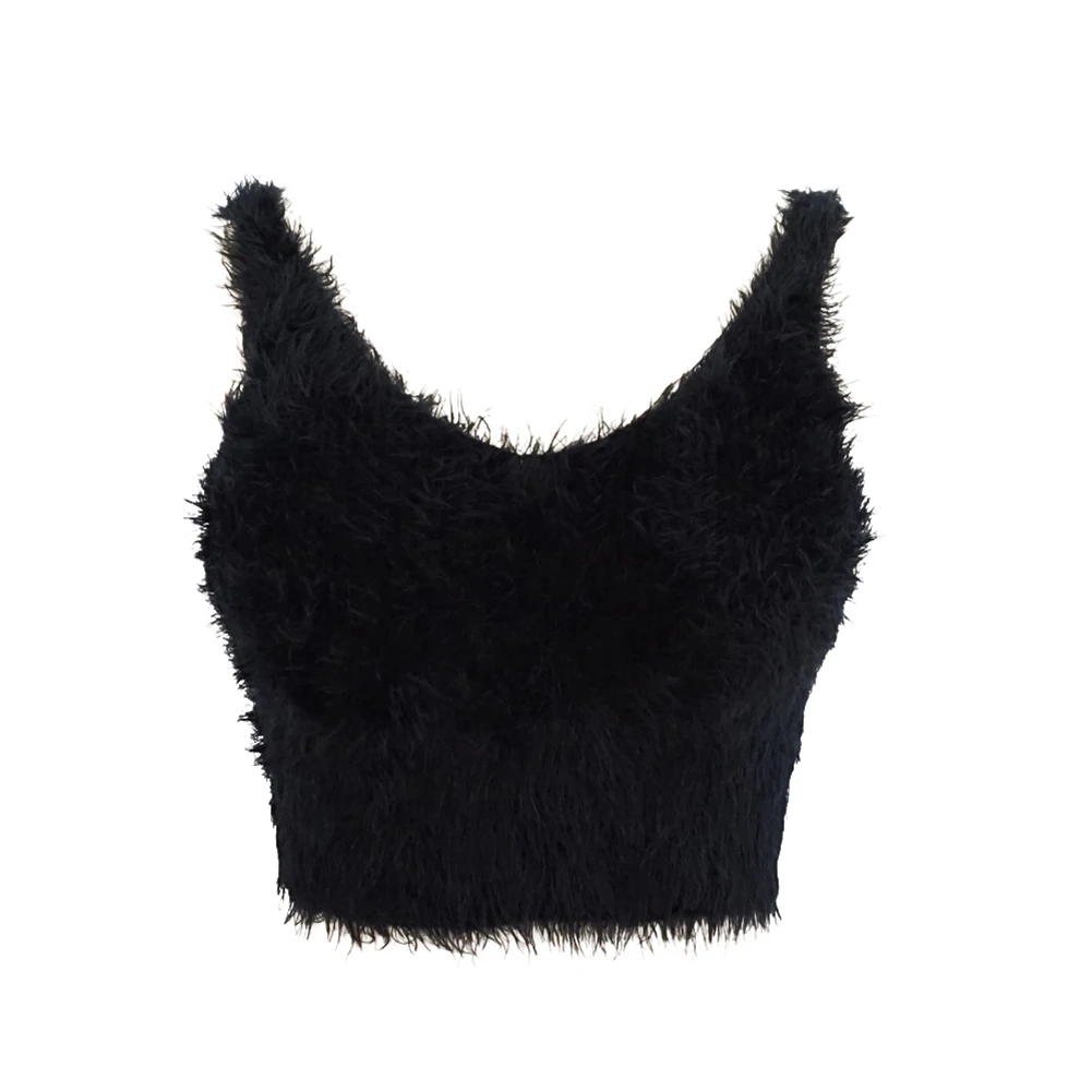Женская мода без рукавов v-образным вырезом мохер свитер с открытой спиной Повседневный укороченный топ - Цвет: Черный
