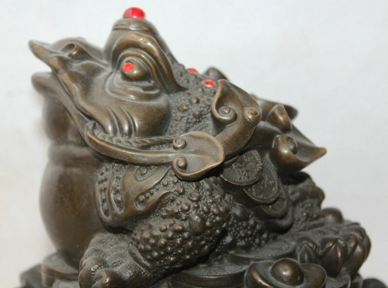 

gem S5843 8" China Bronze FengShui Wealth lotus flowe Golden Toad Statue sculpture