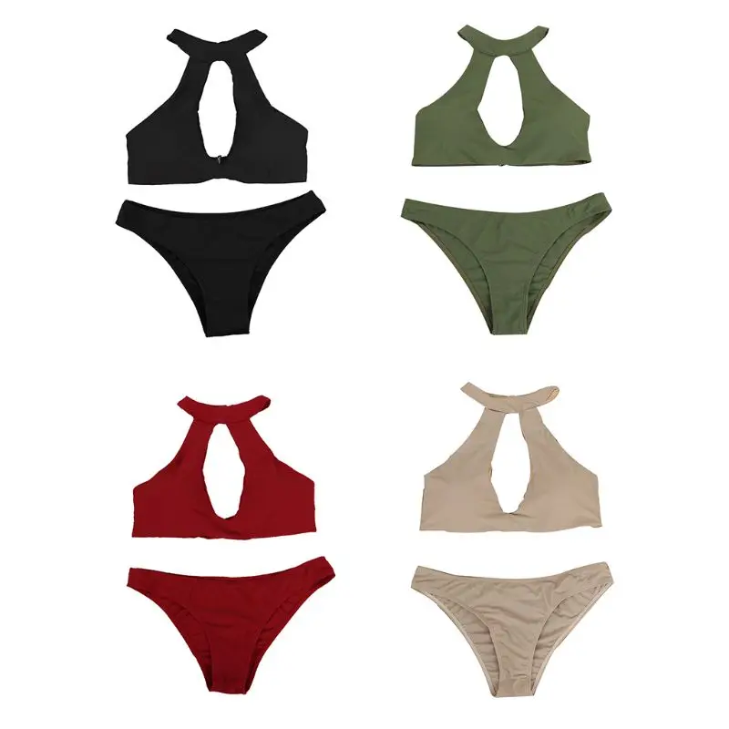 

Women Plus Size Sexy Two Piece Bikini Set Halter Neck Large Hollow Out Backless Bra Low Waist Cheeky Thong Bottoms Solid Color S