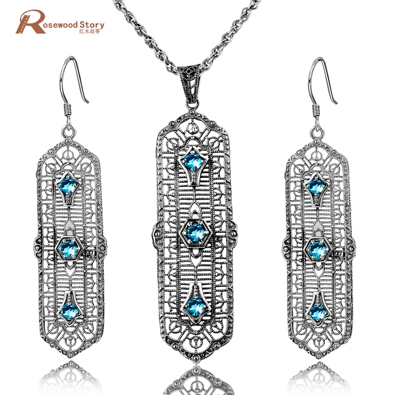 

Brand New Romantic Vintage Sky Blue Rhinestone Crystal Pendant & Drop Earrings Pure 925 Sterling Silver Jewelry Sets for Women