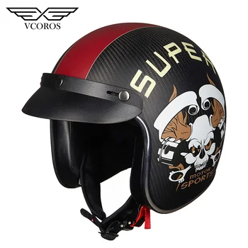 

Vcoros Carbon Fiber Retro Motocycle Helmet Open Face 3/4 Woman Man Helmet Wirh Sun peak scooter Motorbike casque moto