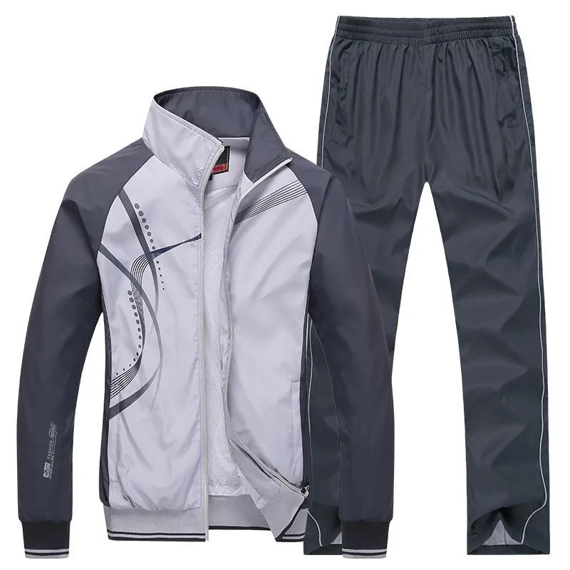 Мужская спортивная одежда, весенне-осенний комплект из 2 предметов, спортивный костюм, куртка+ штаны, спортивный костюм с принтом, мужской спортивный костюм, размер L-5XL - Цвет: Серый