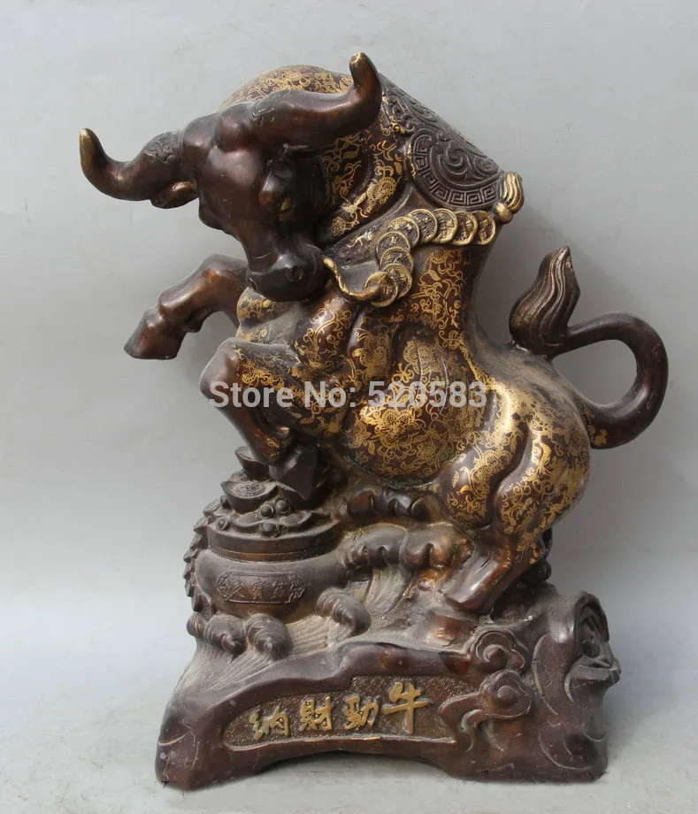 

16" Chinese Bronze Fengshui Wealth treasure bowl Zodiac Year Bull Oxen Statue
