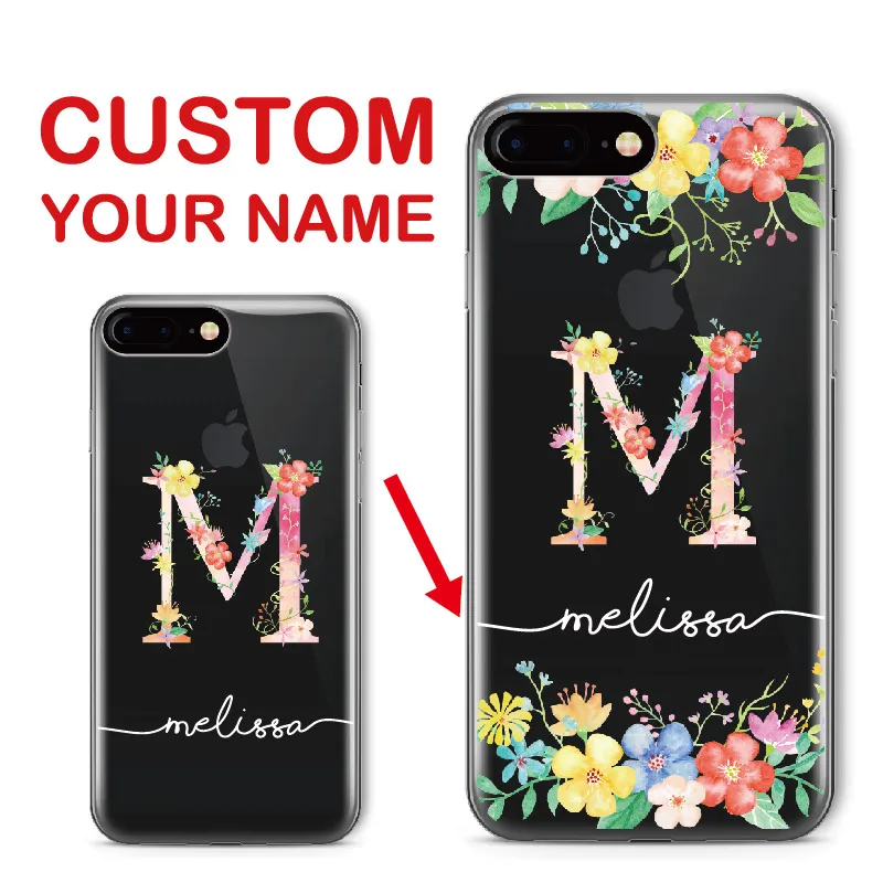 

For iPhone 6 6S XS Max 7 7Plus 8 8Plus 5 X SAMSUNG S7 S8 S9 Custom Personalized Name Floral Letter Initial Soft Clear Phone Case
