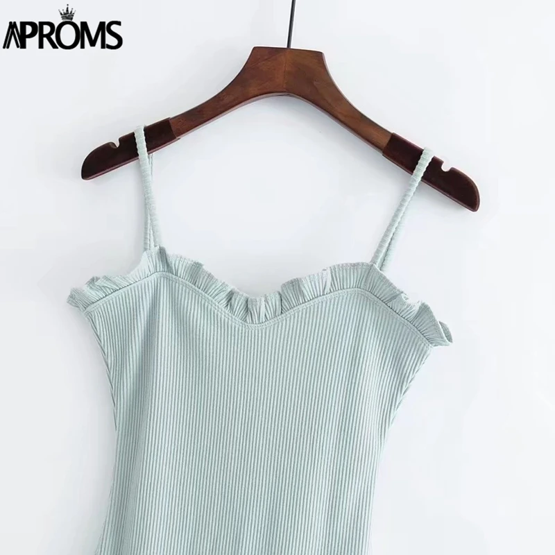 Aproms Ruffles Ribbed Knitted Bodysuit Women Sleeveless Slim Romper Jumpsuit High Street Bodysuits Basic Tops for Women Clothing