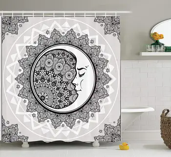 

Mystic House Decor Shower Curtain Ornate Crescent Moon with Stars and Mandala Asian Eastern Spiritual Graphic Bathroom