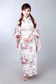 

White Japanese Traditional Women Silk Rayon Kimono Yukata With Obi Classic Evening Dress Dance Clothing Floral One Size JK053