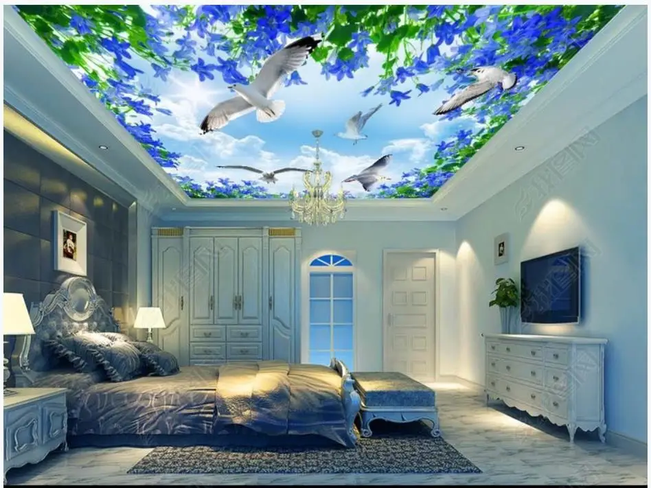 

Custom photo wallpaper 3d ceiling wallpaper Beautiful sky seagull sea blue flower zenith mural decorative painting wall papers