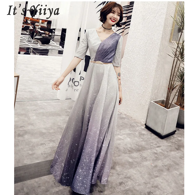 It's Yiiyya Evening Dress Elegant Slim Women Party Dress V-neck Robe De Soiree Long Plus Size Half-sleeve Prom Dresses E549