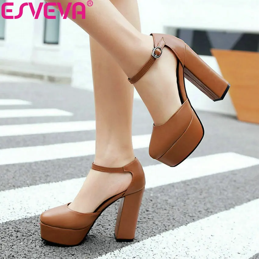 

ESVEVA 2019 Women Pumps Platform 4 Cm Shoes Concise Buckle Strap Square Heels Two-piece Square Toe Women Shoes Pumps Size 34-43