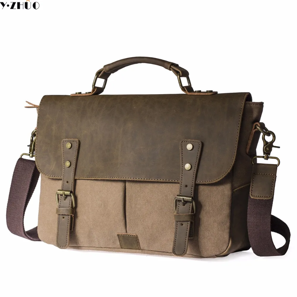

Men Vintage Canvas messenger bag crazy horse leather soft man travel bags retro school bag hasp military style handbag