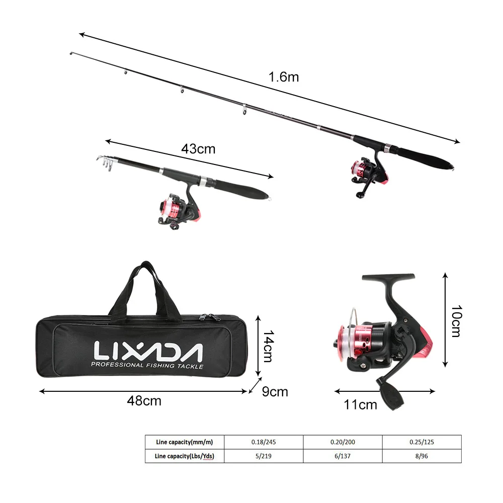 Lixada телескопическая удочка, комбинированная Рыболовная катушка, полный комплект с удочкой 1,6 м+ катушка+ приманка+ рыболовные крючки+ сумка для рыболовных рыболовов