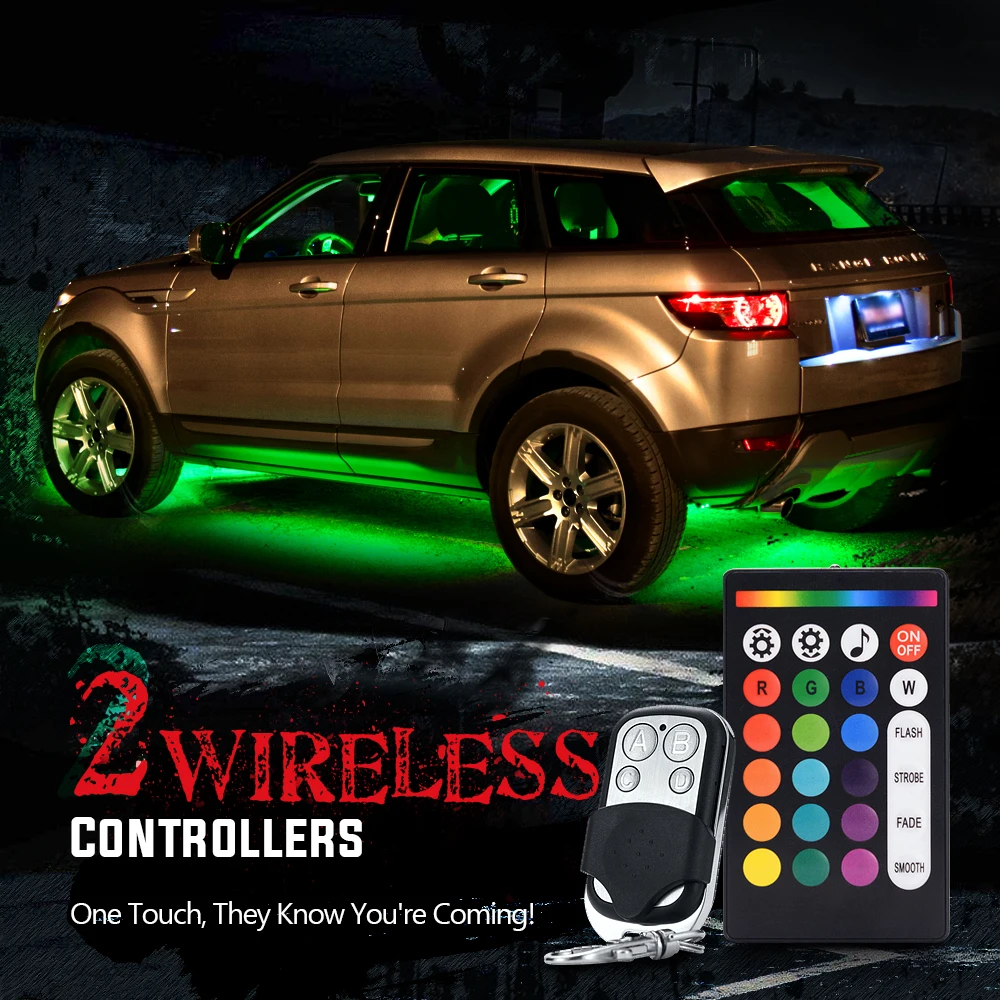 MICTUNING 4pcs Car LED RGB Underglow Neon Light Kit w/ 2 Wireless