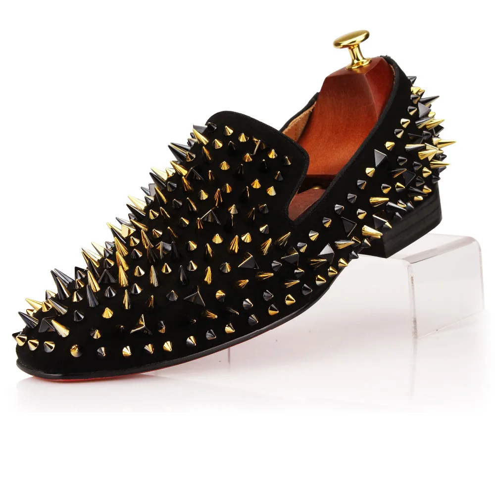 Стильные черные замшевые туфли с красной подошвой и разноцветными гвоздями; модные лоферы с шипами; Повседневная роскошная мужская обувь на плоской подошве