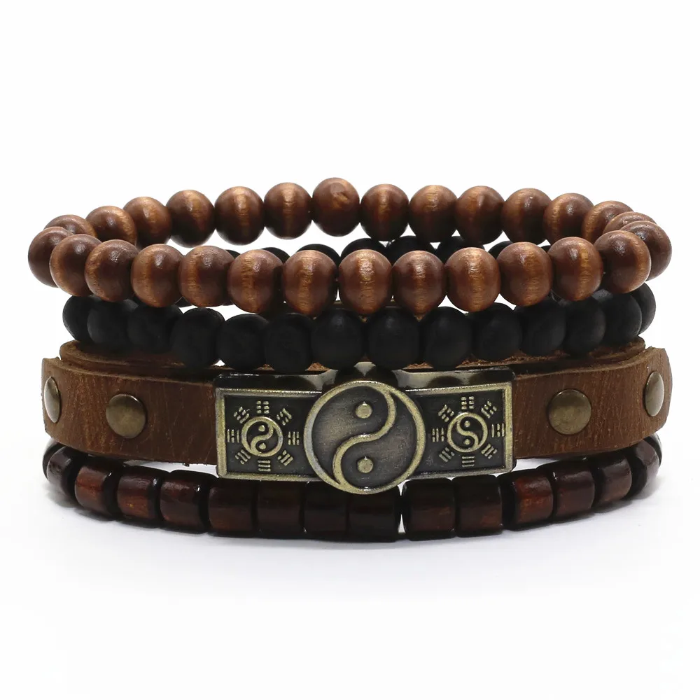 

New 3-4 Pcs/set Vintage Musical Note Rudder Tai Chi Charm Brown Leather Bracelets For Women Men Homme Femme Male Jewelry