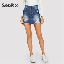 SweatyRocks рваные деталь Bodycon джинсовая юбка Уличная синий необработанный край карманов 2019 модные летние для женщин мини юбки