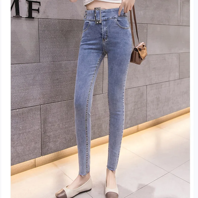JUJULAND Pencil jeans high waist jean woman casual with a belt blue 263