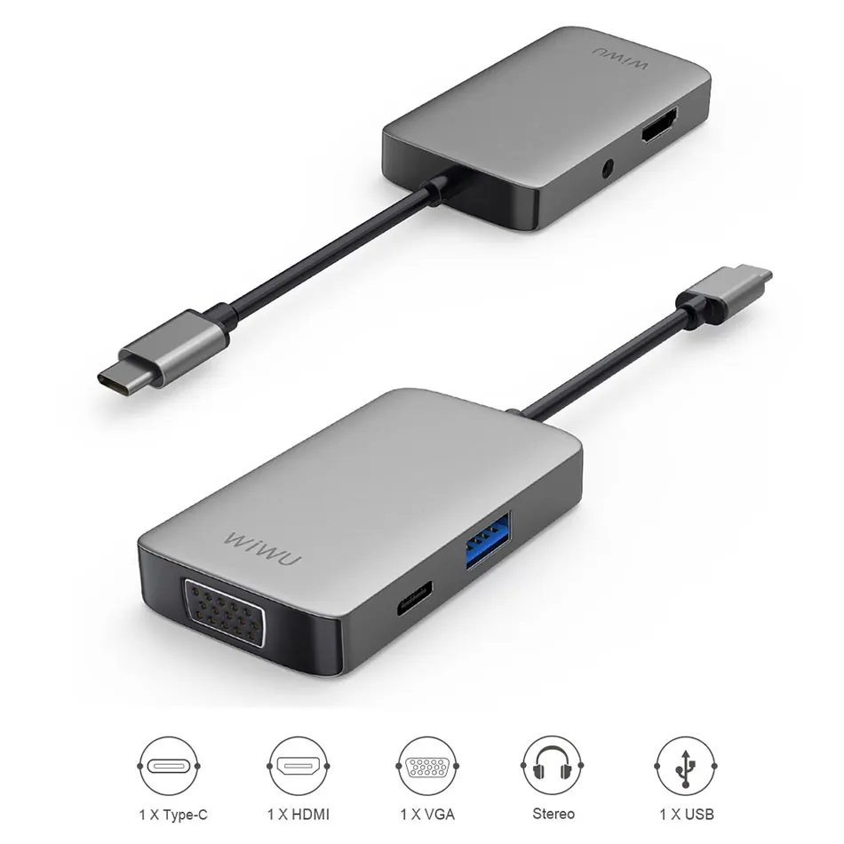 WIWU 5 в 1 usb-хаб с несколькими портами VGA HDMI адаптер для MacBook Pro type C концентратор 3,5 мм аудио usb-разветвитель для samsung huawei usb-хаб