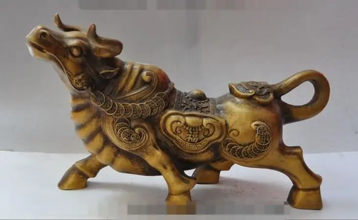 

S7339 13"china fengshui bronze wealth money coin zodiac Ox Bull Cattle Bovine statue D0318