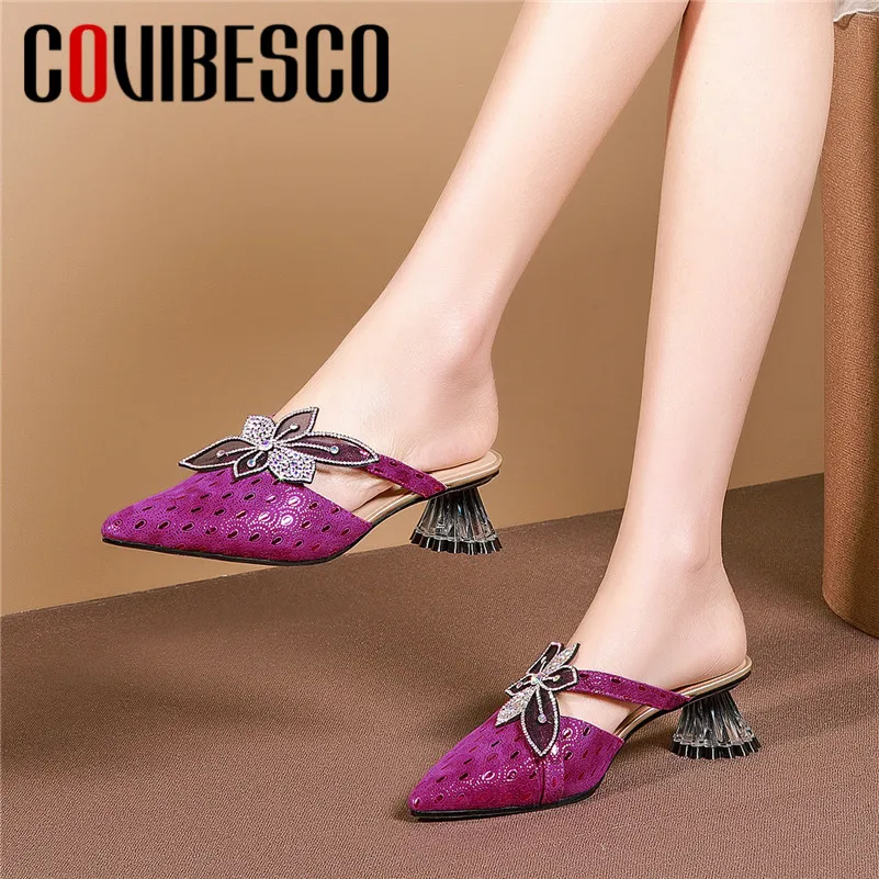 

COVIBESCO Brand Design Pointed Toe SheepSkin Women Sandals Slip On Shallow Casual Party Shoes Woman 2019 New Summer High Heels